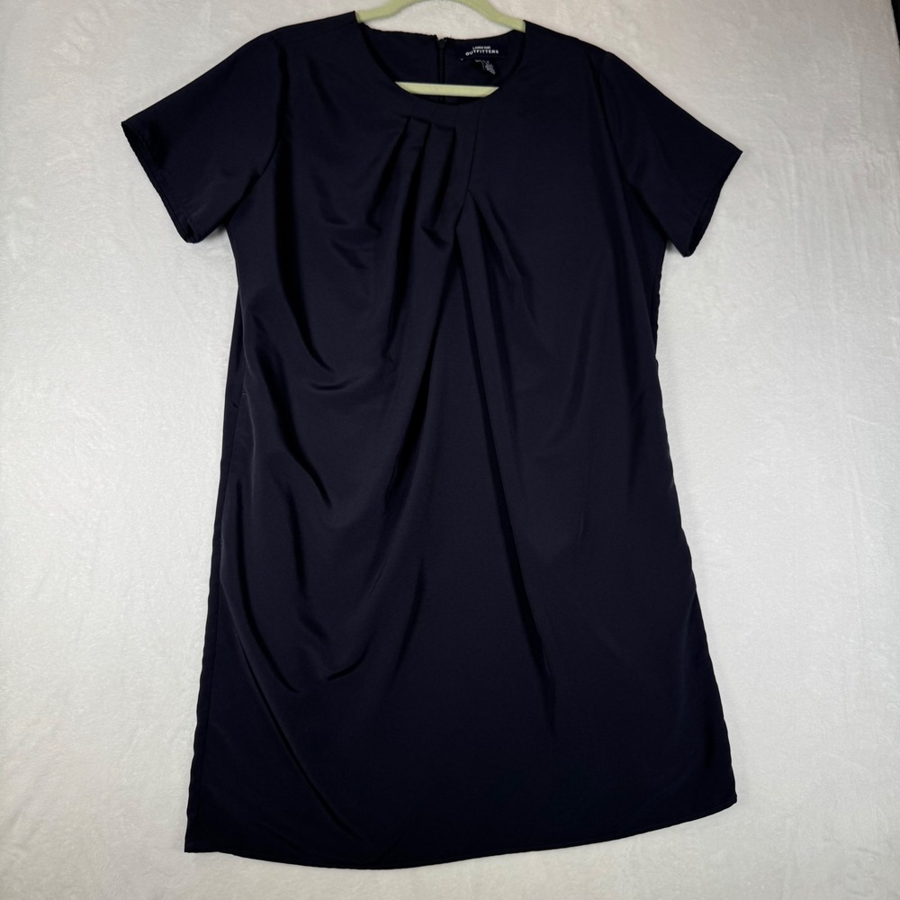 Lands End Navy Blue Pleated Neck Shift Dress Womens Petite 12 PL | Work Casual - Picture 2 of 9